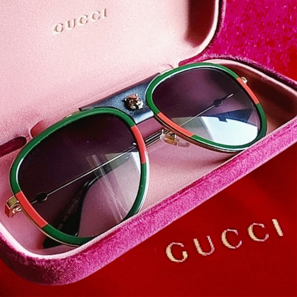 New Gucci GG0062S Green Red Web Aviator Sunglasses Gradient Lenses Case Dustbag